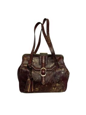 Patricia Nash Metallic Gold Fleck Leather Frame Satchel Bag Wine Brown Purse